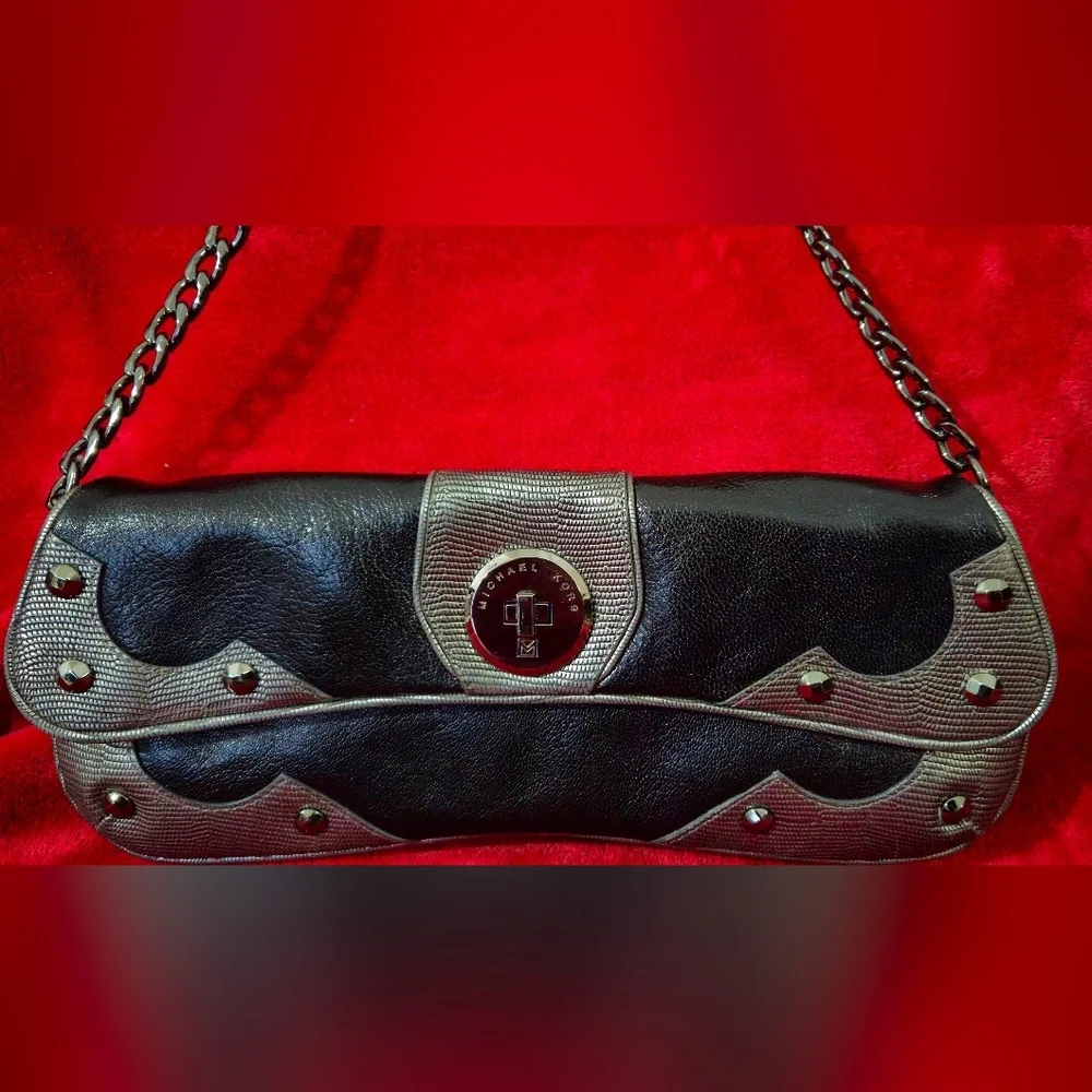 Michael Kors Vintage Limited Edition Black & Silver Leather Baquette Studded Bag